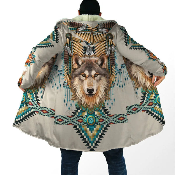 Winter  Hooded Cloak Native Spirit Wolf 3D All Over Fleece wind breaker Warm Hood Cloak