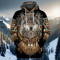 Beautiful Tribal Native Wolf 3D  Hoodie Zip Pullover free delivery