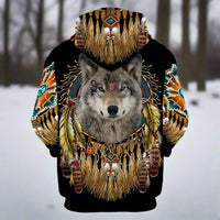 Beautiful Tribal Native Wolf 3D  Hoodie Zip Pullover free delivery