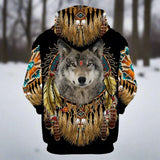 Beautiful Tribal Native Wolf 3D  Hoodie Zip Pullover free delivery