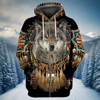 Beautiful Tribal Native Wolf 3D  Hoodie Zip Pullover free delivery